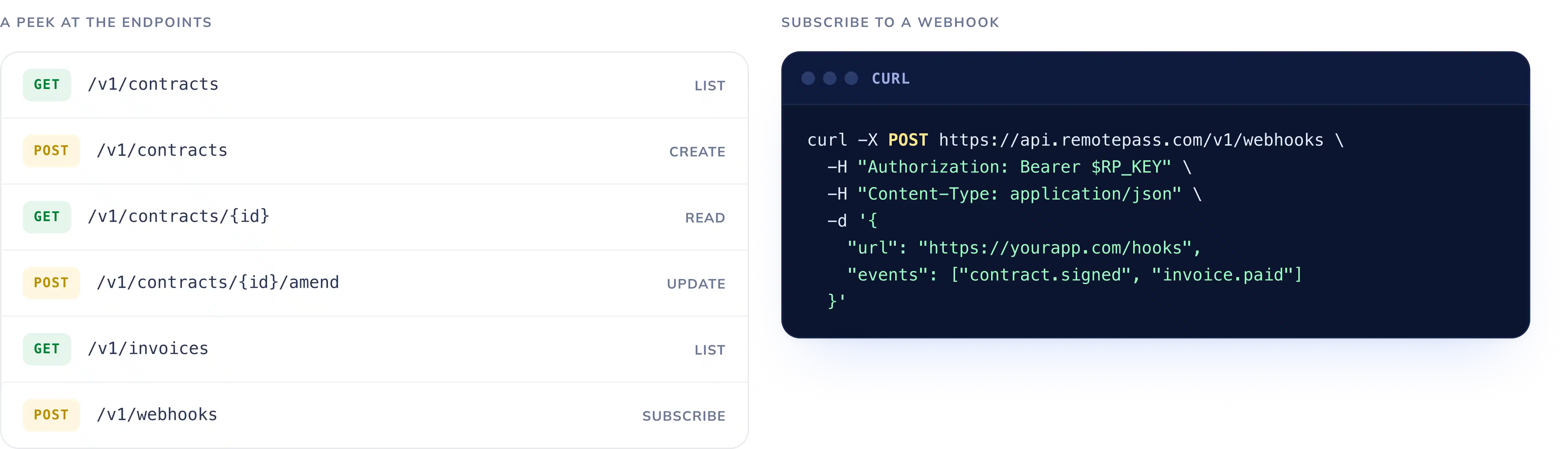 A peek at the RemotePass API endpoints and a webhook subscription curl example