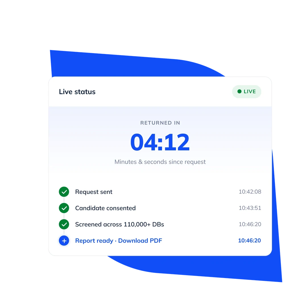 Live background check status returning a result in 4 minutes 12 seconds