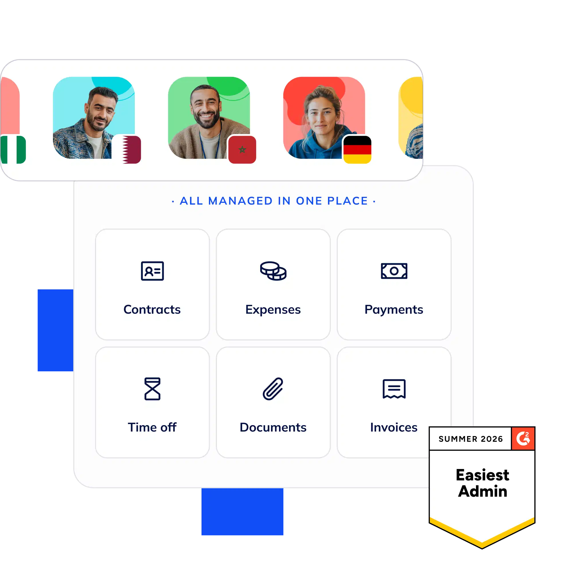 All managed in one place: contracts, expenses, payments, time off, documents and invoices for the whole team, with an Easiest Admin G2 badge