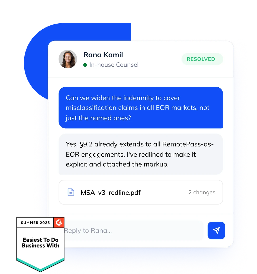 Chat with in-house counsel Rana Kamil: a question about widening the indemnity to cover misclassification claims in all EOR markets is answered and resolved with a redlined MSA_v3_redline.pdf attached