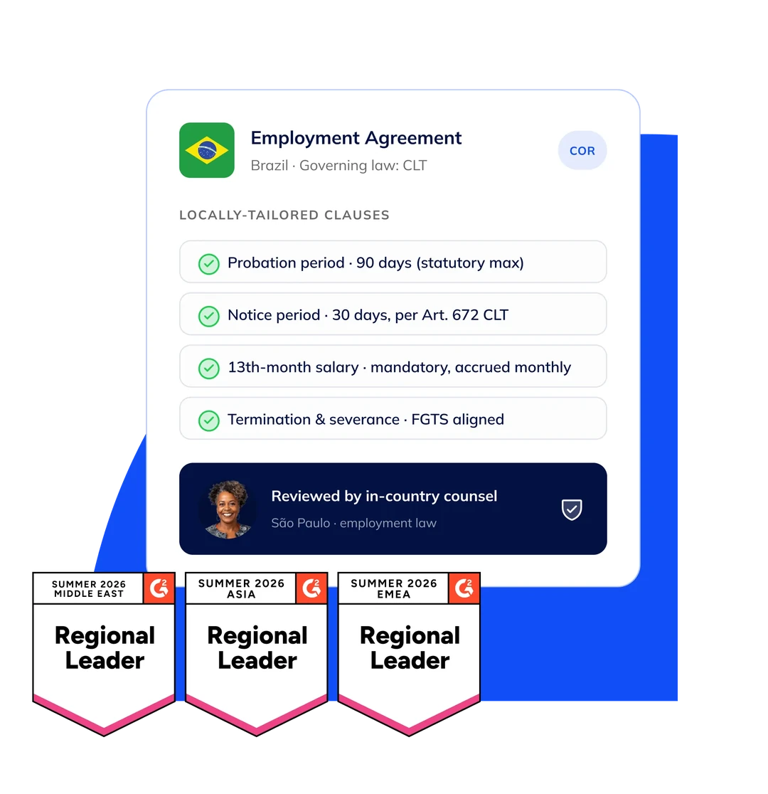A Brazil employment agreement governed by CLT with locally-tailored clauses — 90-day probation, 30-day notice per Art. 672 CLT, mandatory 13th-month salary and FGTS-aligned termination — reviewed by in-country counsel in São Paulo