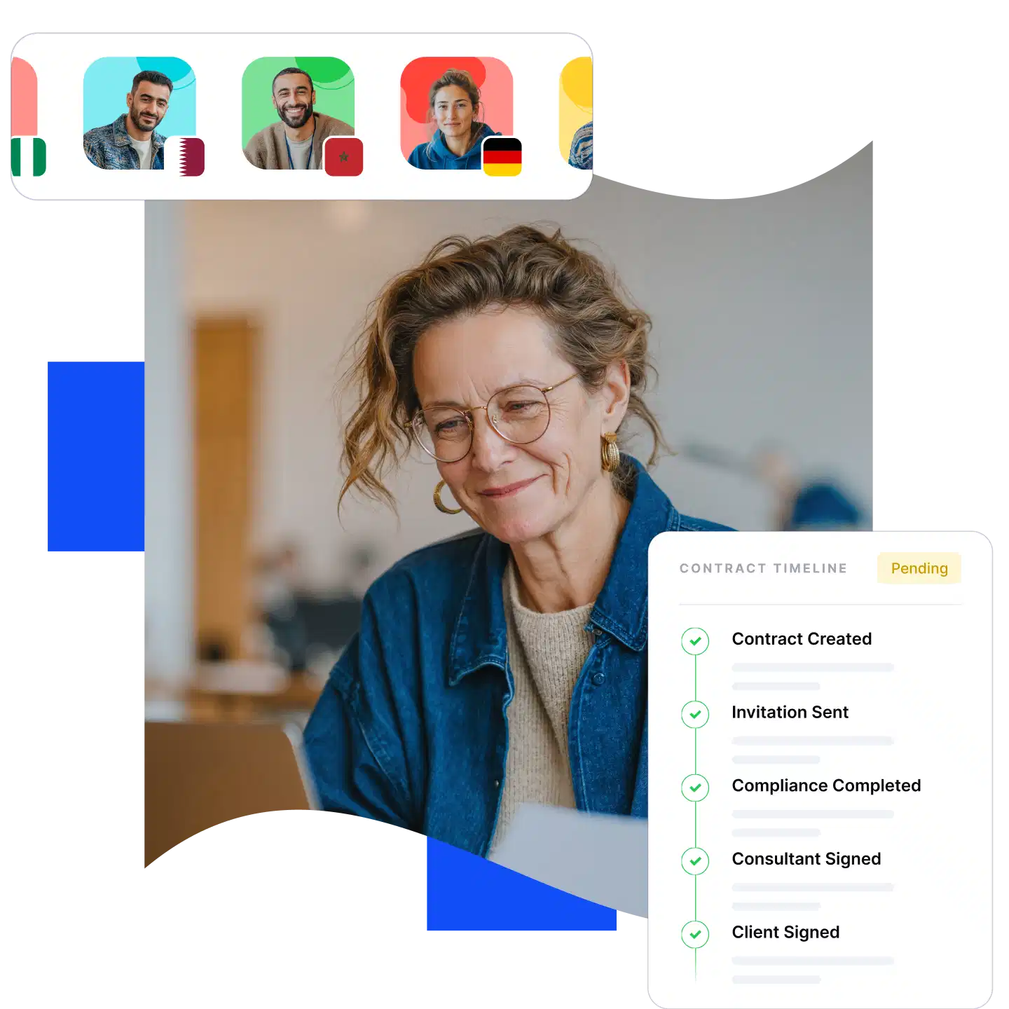 Onboarding on RemotePass: global team avatars and a completed contract timeline