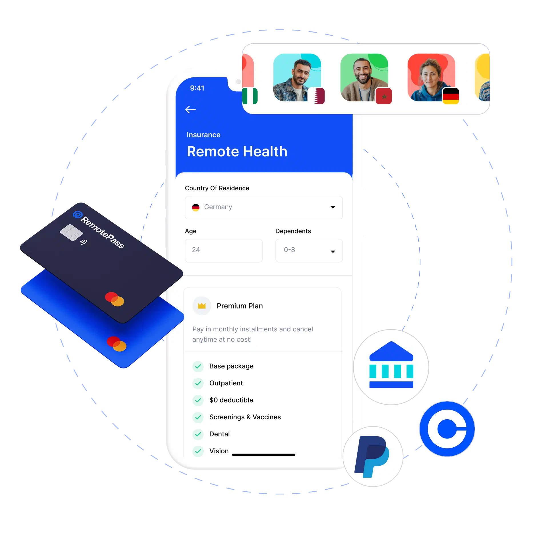 RemotePass app showing Remote Health insurance, debit cards and a global team