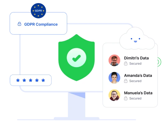 RemotePass platform secured: GDPR Compliance badge, encrypted password field, and per-user data-secured cards