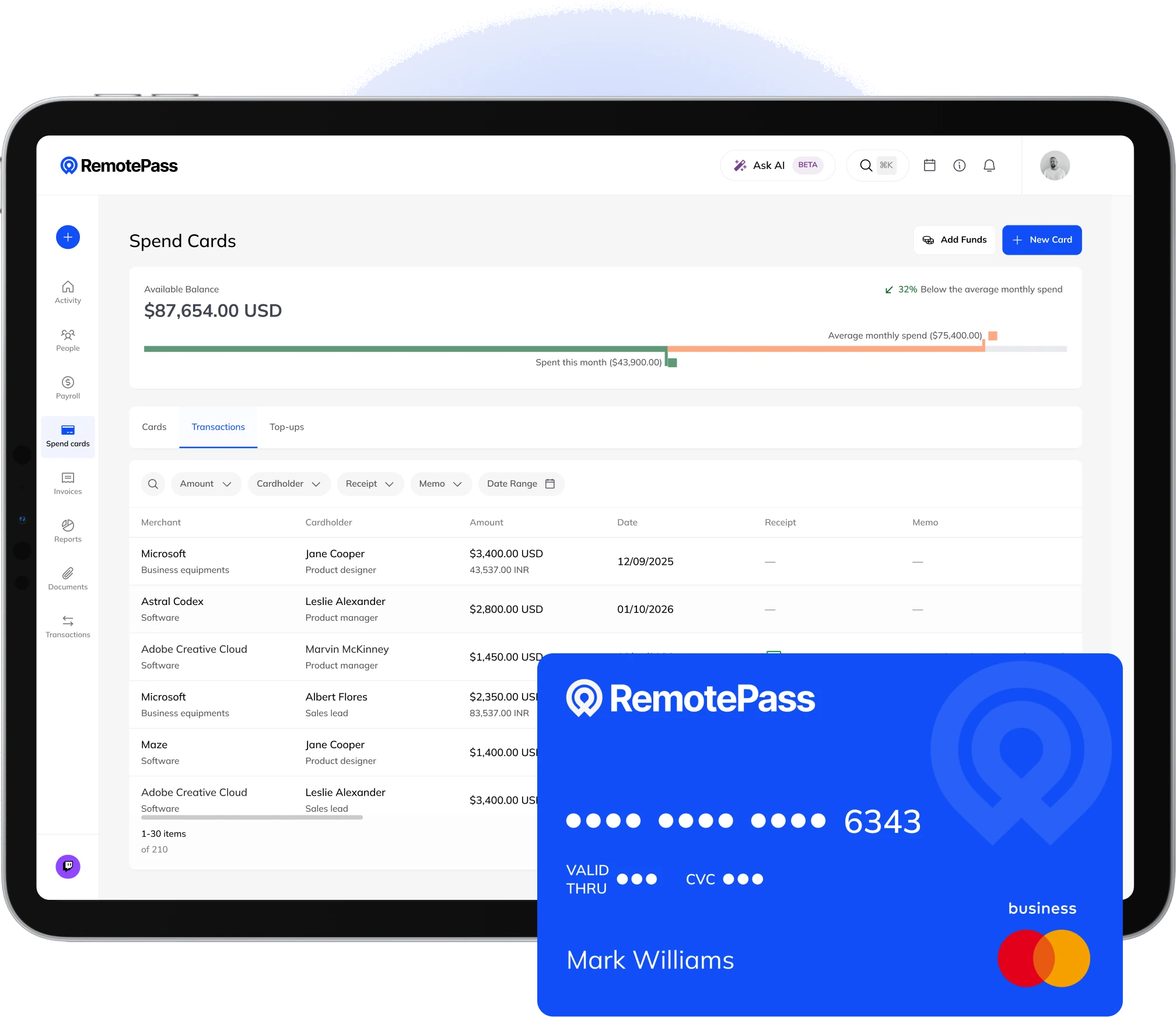 SpendCards dashboard with corporate spend card