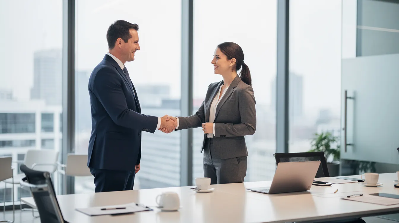 Two business professionals shaking hands across a meeting room table in a glass-walled office