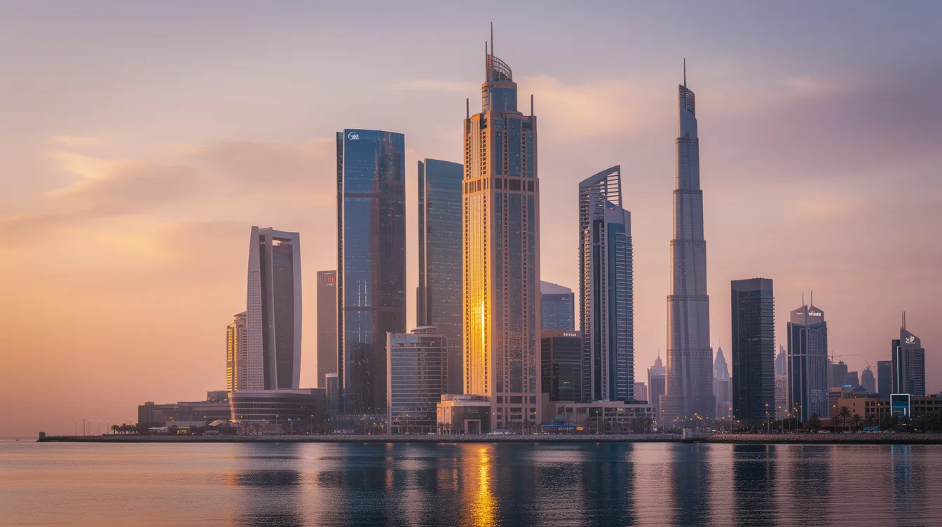 Dubai skyline at sunset viewed across the water, with the Burj Khalifa among the towers
