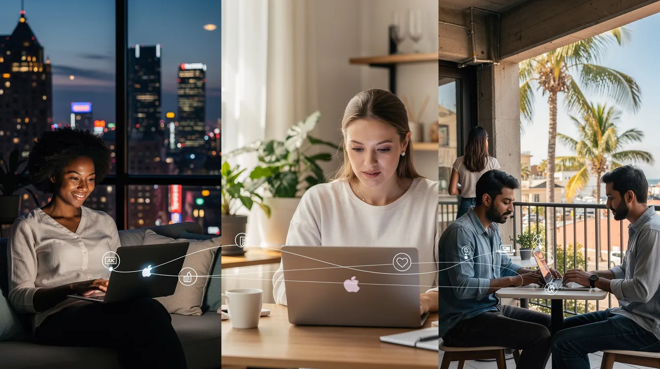 Three remote employees working on laptops in different countries, linked by illustrated connection lines