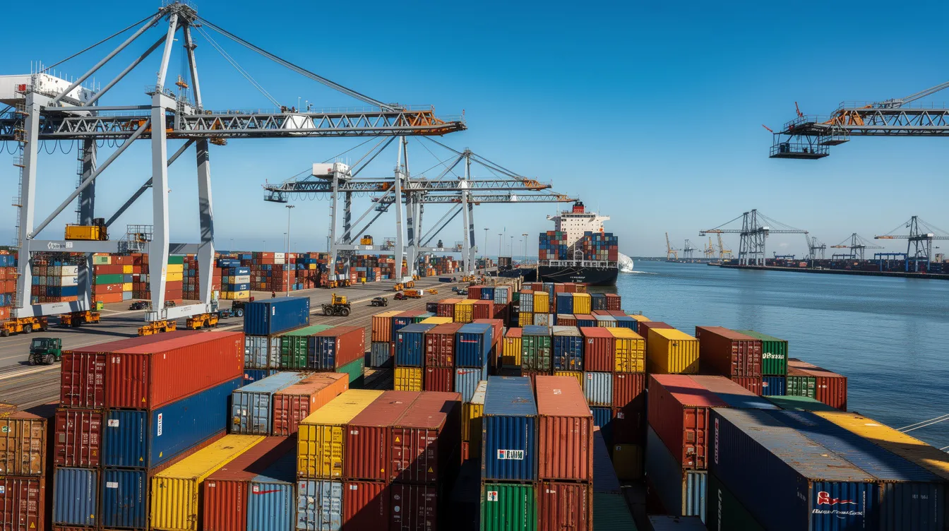 Container port with gantry cranes and stacked shipping containers alongside a docked cargo vessel
