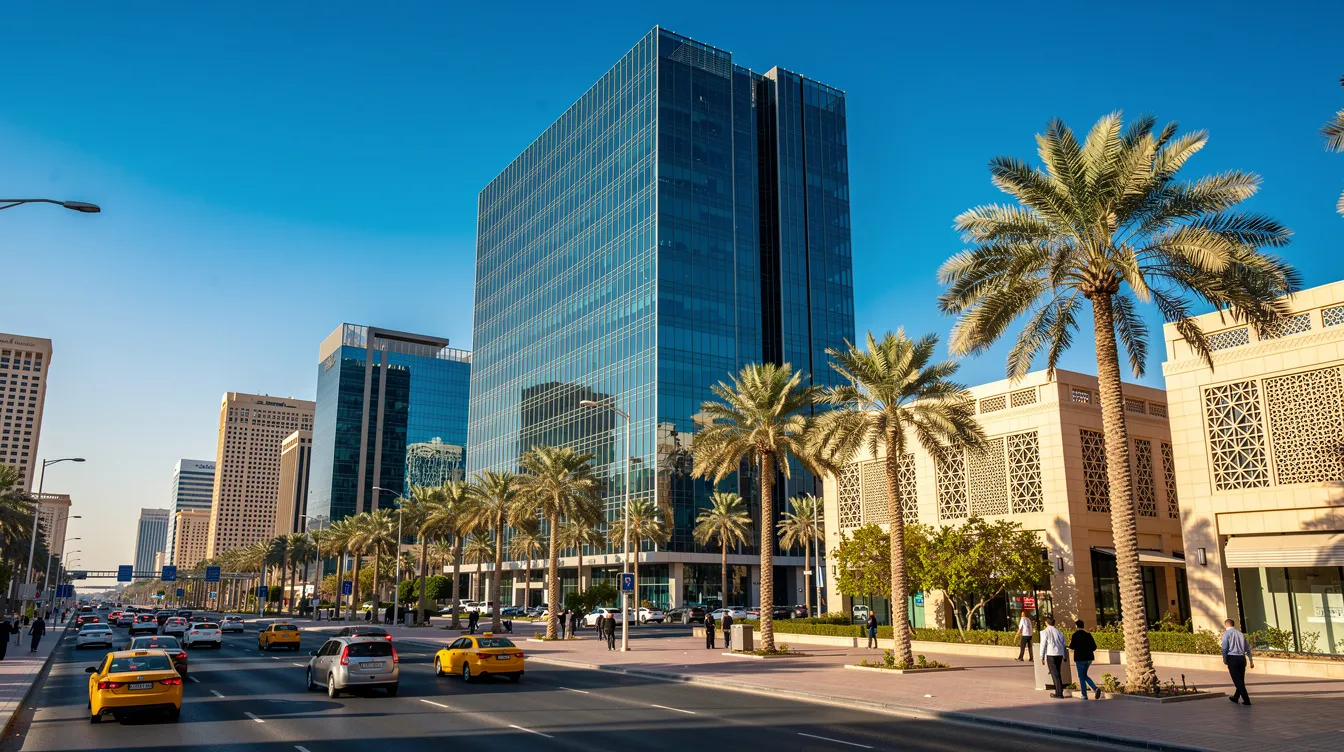 Gulf city boulevard lined with palm trees and modern glass office towers
