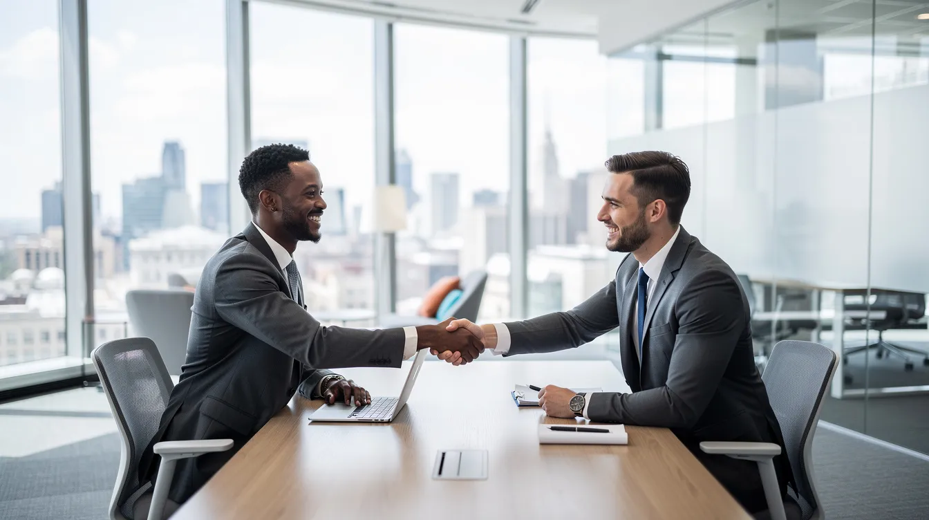 Two business professionals shaking hands across a meeting table with a city skyline behind them