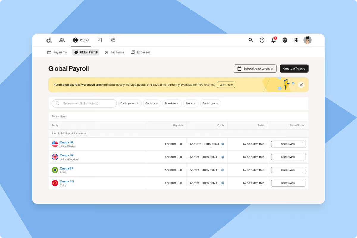 Employer of Record services Deel payroll dashboard