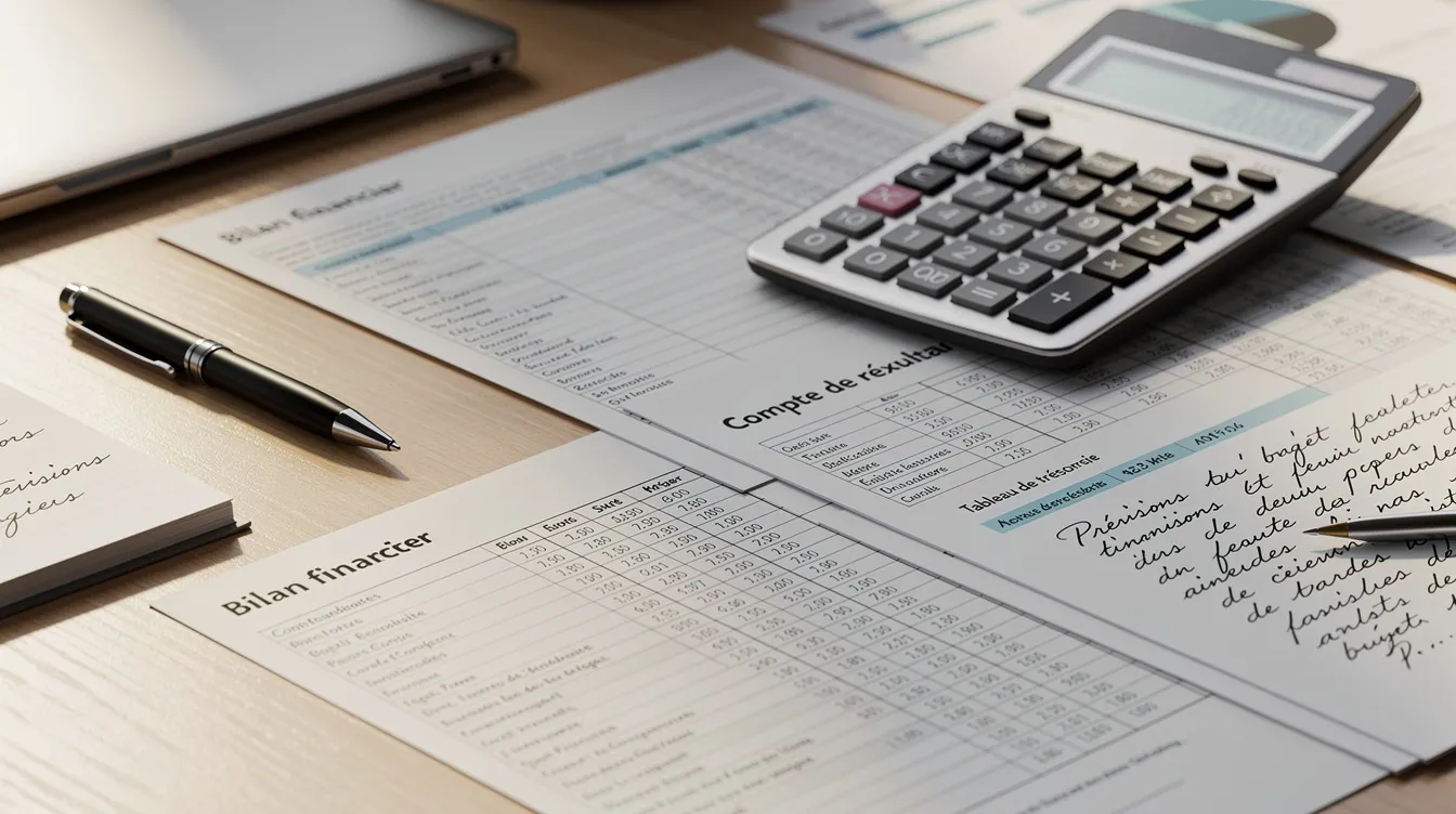 French financial statements and a calculator on a desk, showing balance sheet and cash flow documents