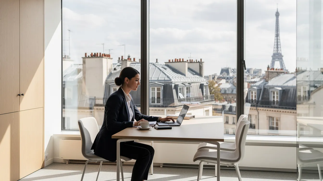 Professional working at a laptop in an office overlooking Paris rooftops with the Eiffel Tower in view