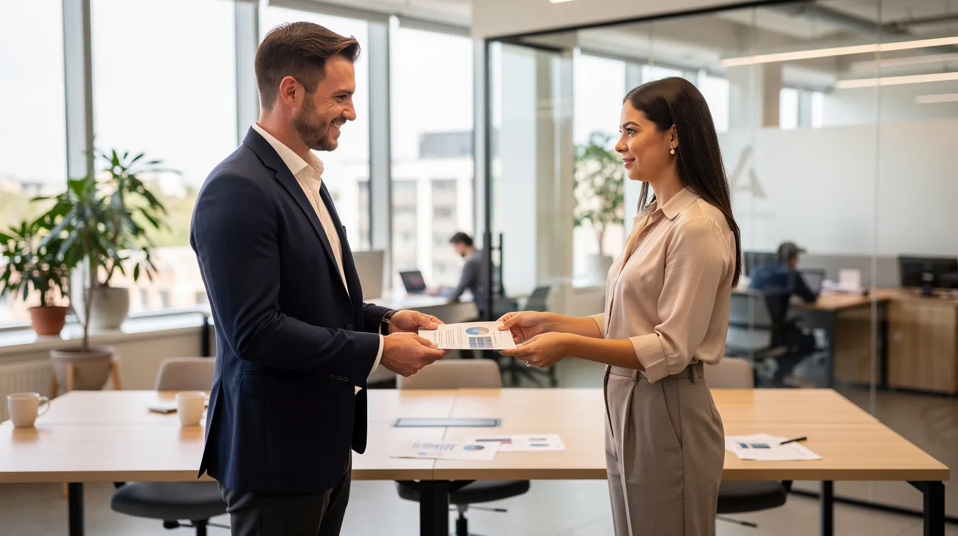 Two colleagues exchanging a signed document in a bright open-plan office