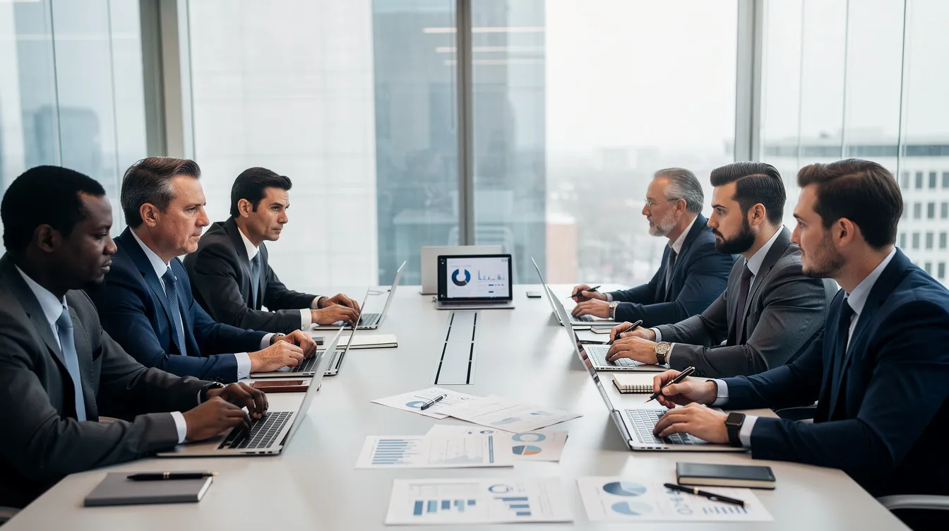 Two groups of business professionals facing each other across a boardroom table with laptops and printed charts