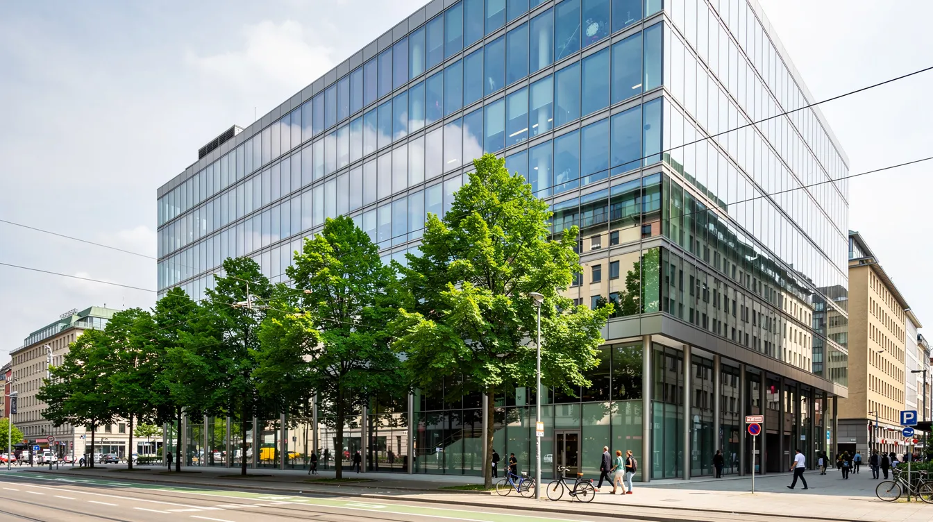 Modern glass office building on a tree-lined German city street with cyclists and pedestrians