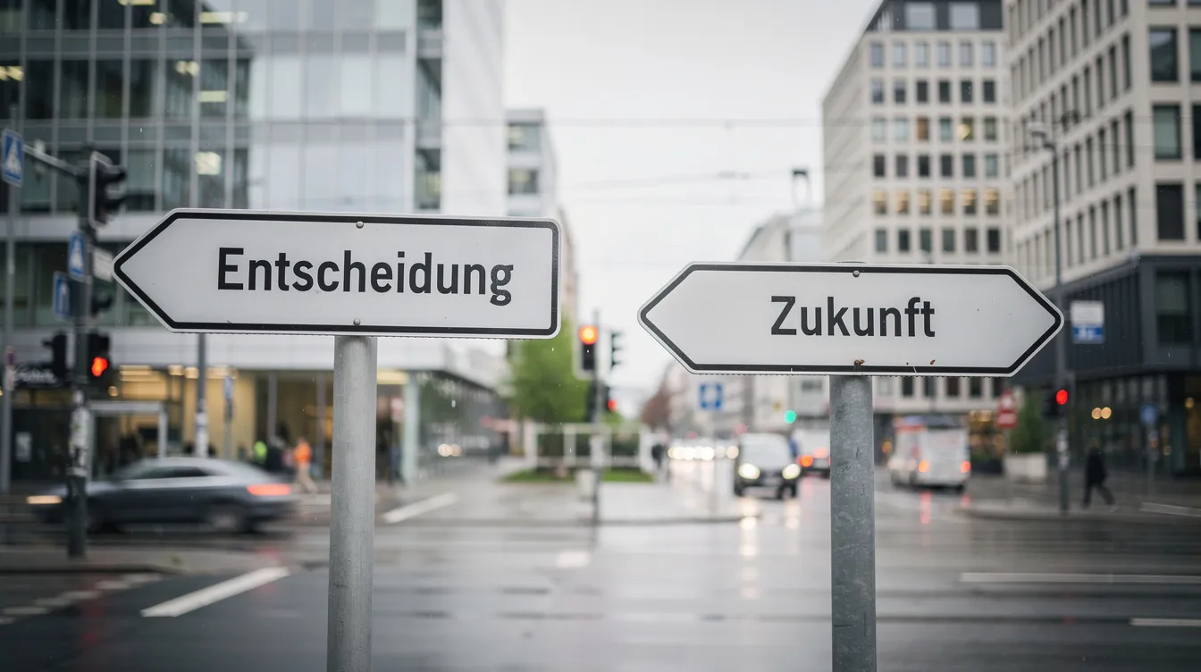 Two German street signs at a city crossroads pointing to Entscheidung (decision) and Zukunft (future)