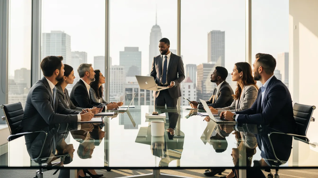 Team meeting in a glass-walled boardroom, one colleague presenting from a laptop to six seated attendees