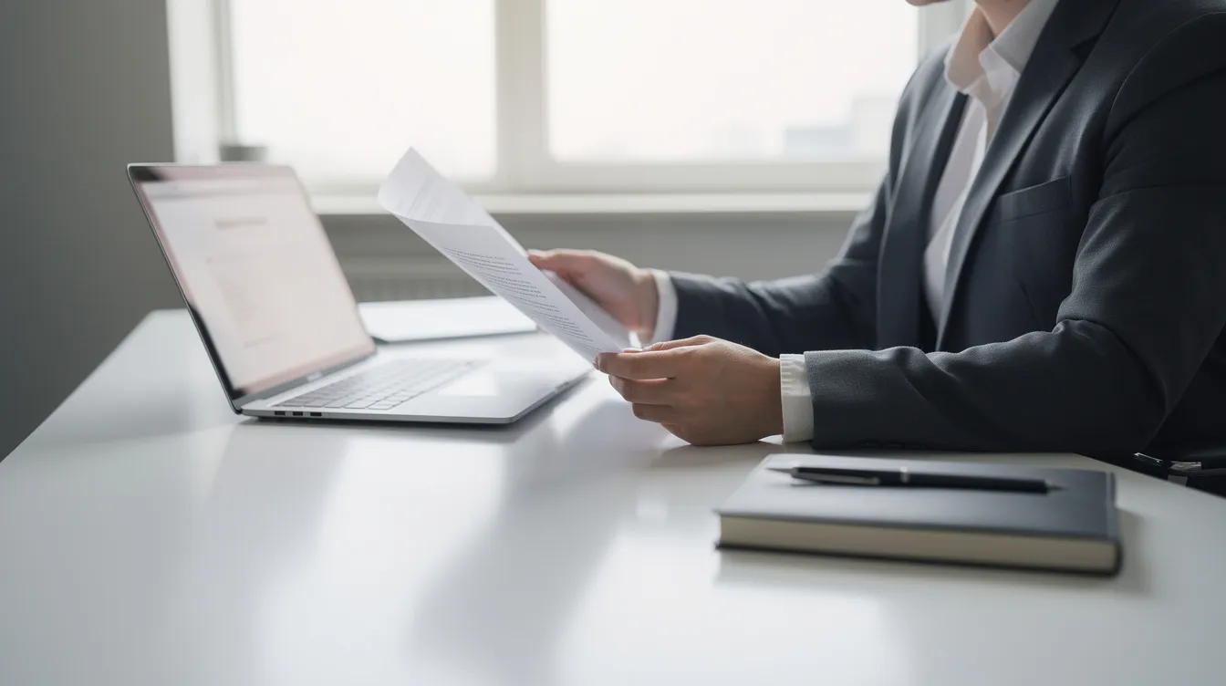 Professional reviewing a printed employment contract at a desk beside an open laptop