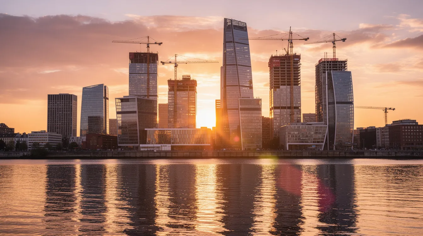 Waterfront city skyline at sunset with construction cranes above towers under development